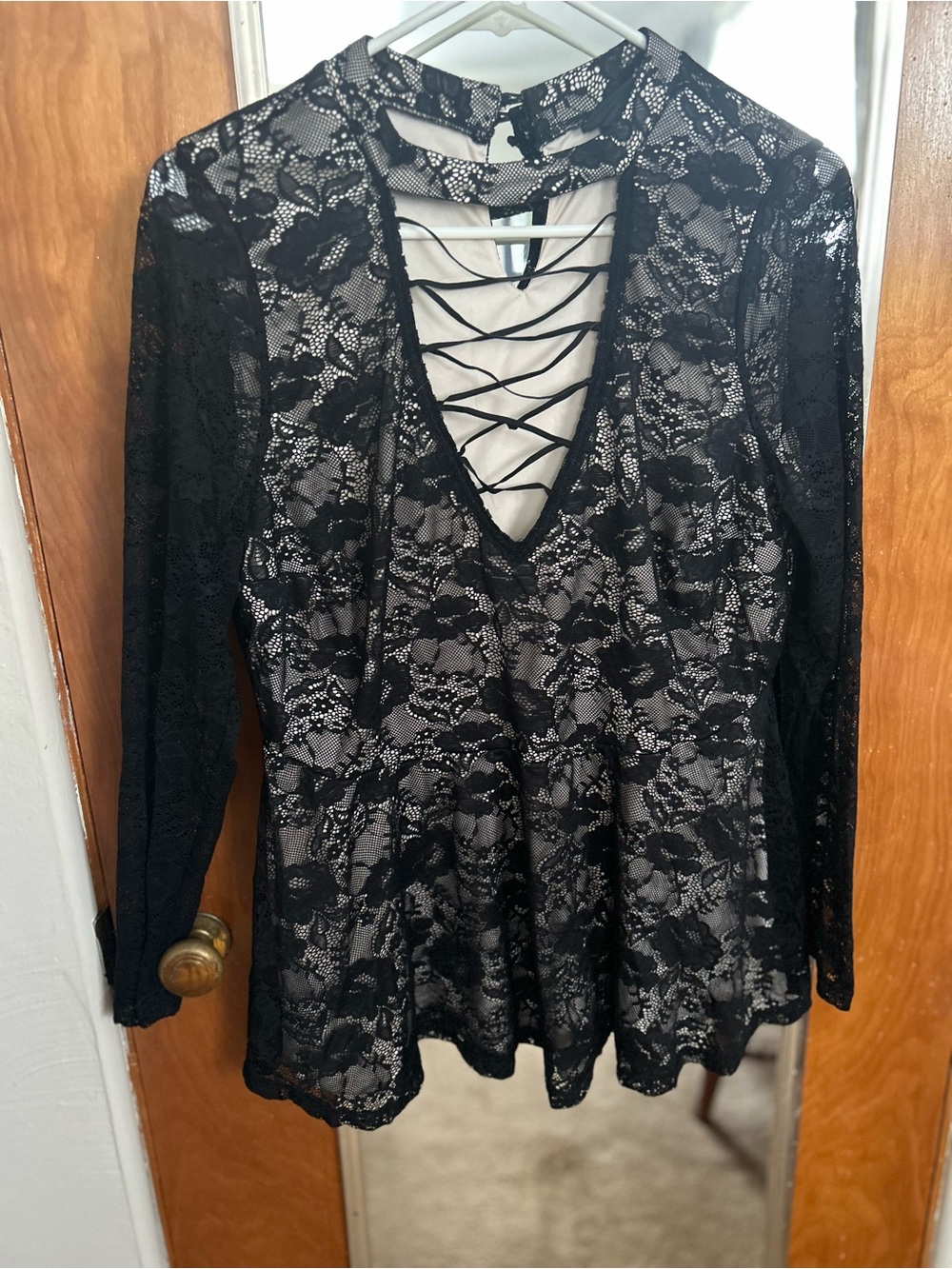 TORRID Black Lace Long Sleeve Deep V-Neck Blouse with Crisscross Detail